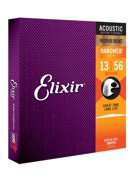 Elixir 16102 Nanoweb Phosphor Bronze Medium Acoustic Guitar Strings 13-56