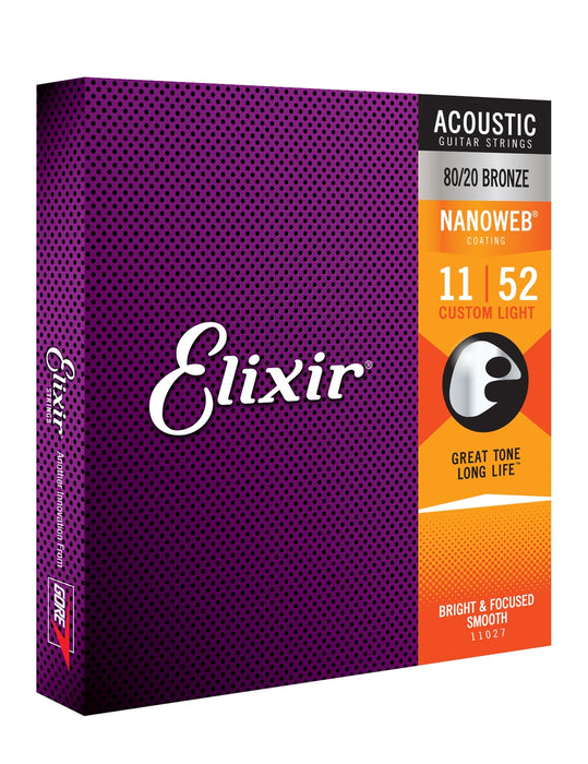Elixir 11027 Nanoweb 80/20 Bronze Custom Light Acoustic Guitar Strings 11-52