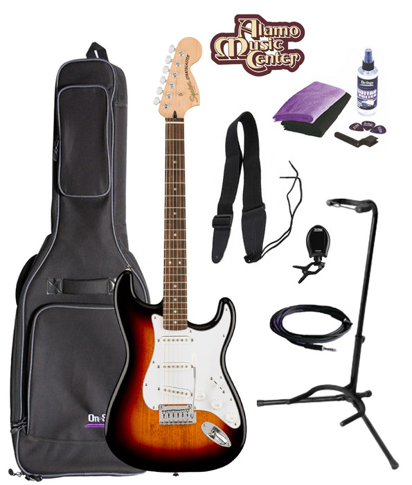 Squier Affinity Series Stratocaster, Laurel Fingerboard, 3-Color Sunburst Bundle w/ Gig Bag