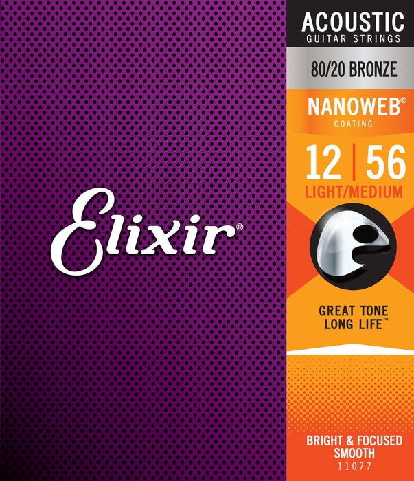 Elixir 11077 Nanoweb 80/20 Bronze Light-Medium Acoustic Guitar Strings 12-56