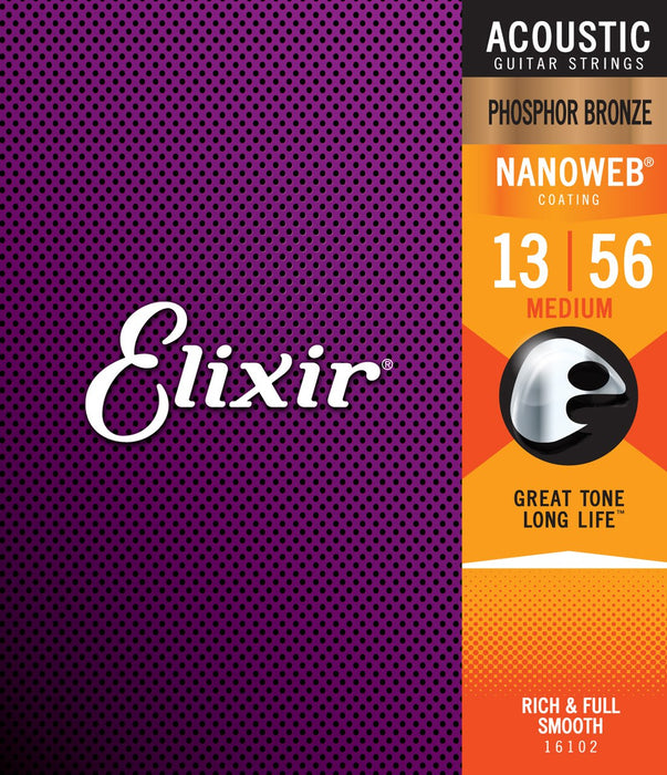 Elixir 16102 Nanoweb Phosphor Bronze Medium Acoustic Guitar Strings 13-56
