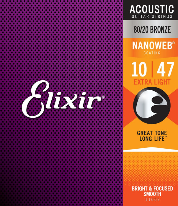 Elixir 11002 Extra Light NanoWeb Acoustic Guitar Strings 10-47