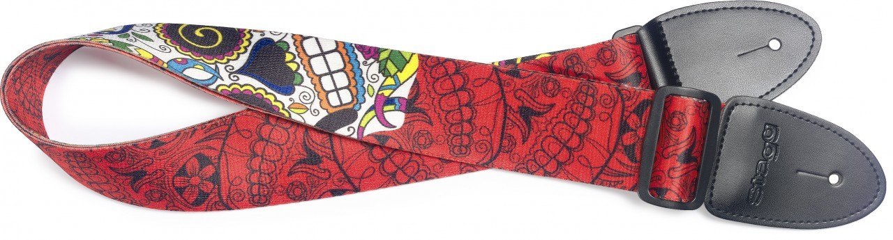 Stagg STE MEX SK RED Guitar Strap, Red Mexican Skull
