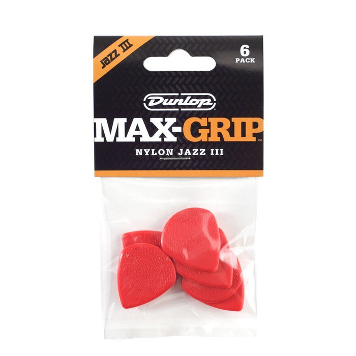 Dunlop 471P3N Max Grip Jazz III Nylon Guitar Picks, Red, 6-Pack
