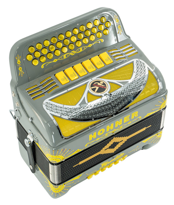 Hohner Rey Del Norte Two Tone Button Accordion - Mouse Gray/Yellow | New