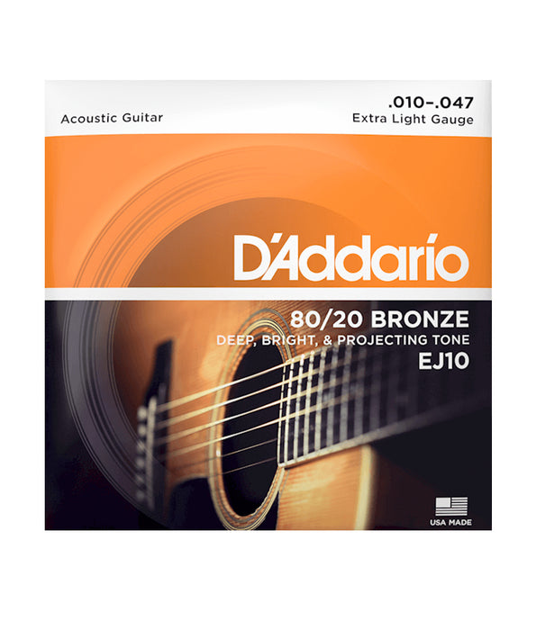 D'addario EJ10 80/20 Bronze Acoustic Guitar Strings, Extra Light, 10-47