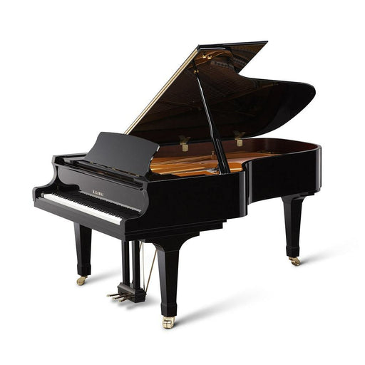 Kawai 7'0" GX-6 Orchestra Grand Piano in polished ebony finish, showing the keyboard, pedals, and a polished wooden rim.
