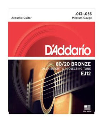 D'addario EJ12 80/20 Bronze Acoustic Guitar Strings, Medium, 13-56