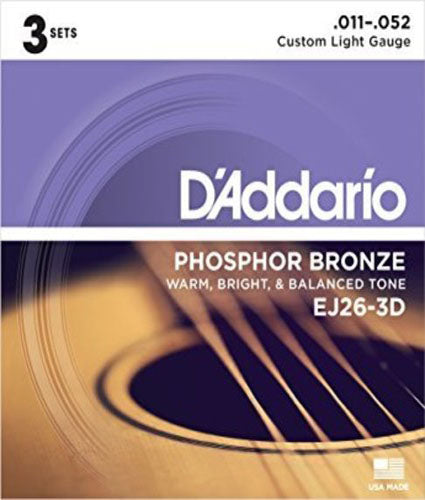D'Addario EJ26-3D Phosphor Bronze, 11-52 Custom Light Guitar Strings - 3 Pack