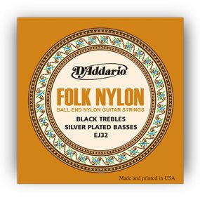 D'addario EJ32 Folk Nylon Strings, Ball End, Silver Wound/Black Nylon Trebles