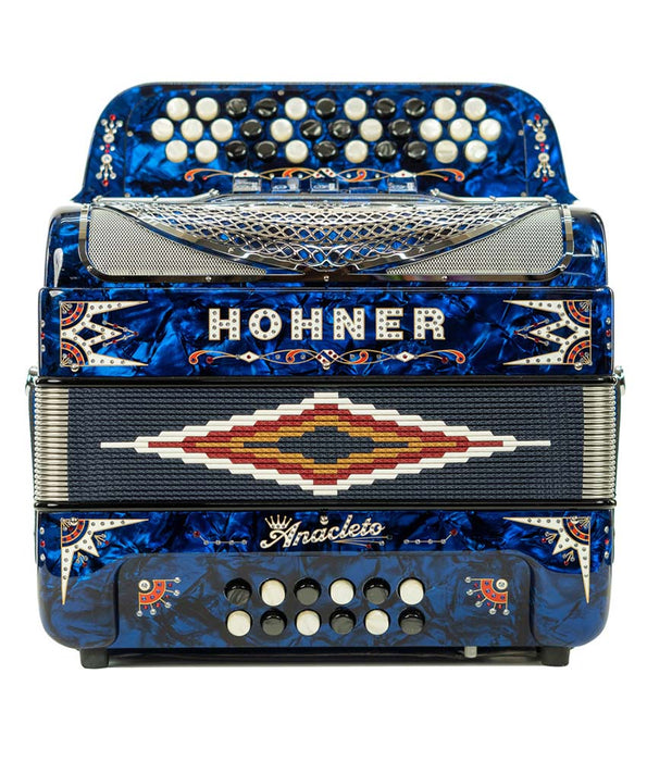 Hohner Anacleto Rey Del Norte III 5S FBE Accordion Silver Metal Mesh, Pearl Blue