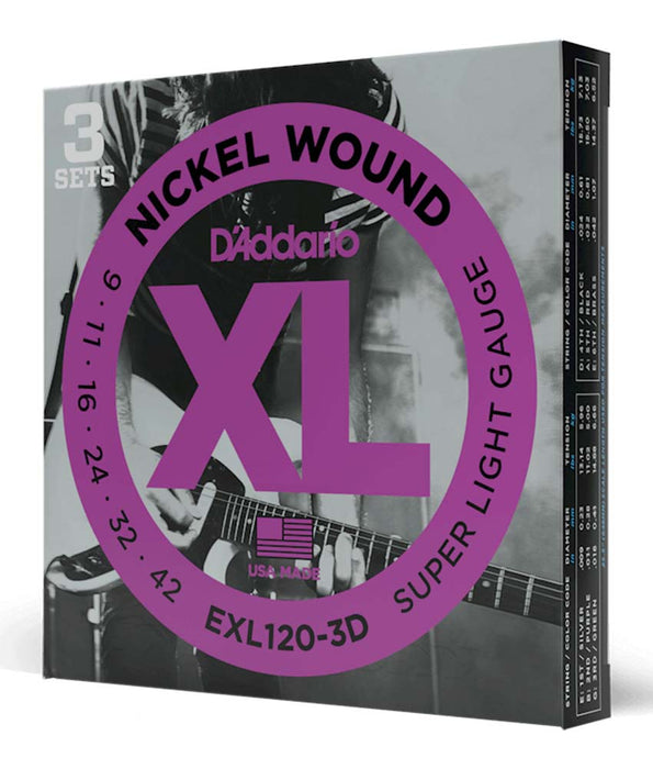 D'Addario EXL1203D 9-42 SuperLight XL Nickel Round Wound Strings, 3 pack