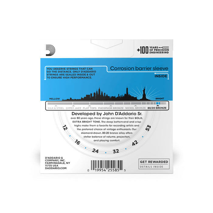 D'Addario EJ11 3 Pack 12-53 Light, 80/20 Bronze Acoustic Guitar String