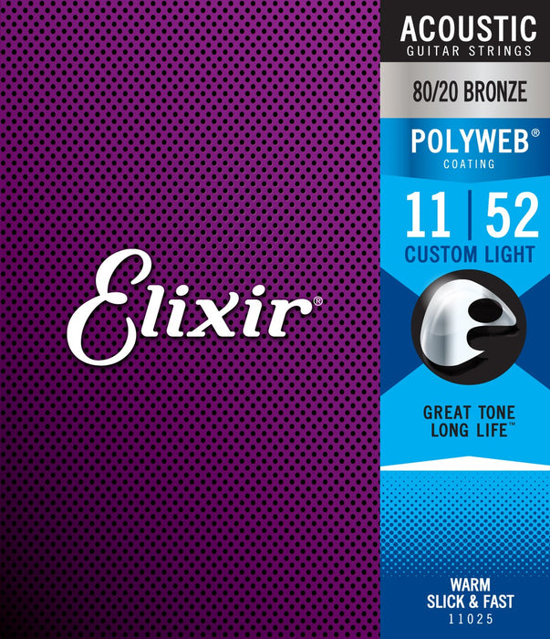 Elixir 11025 Polyweb 80/20 Bronze Custom Light Acoustic Guitar Strings 11-52