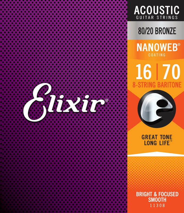 Elixir Nanoweb 80/20 Bronze 8-String Baritone Acoustic Guitar Strings