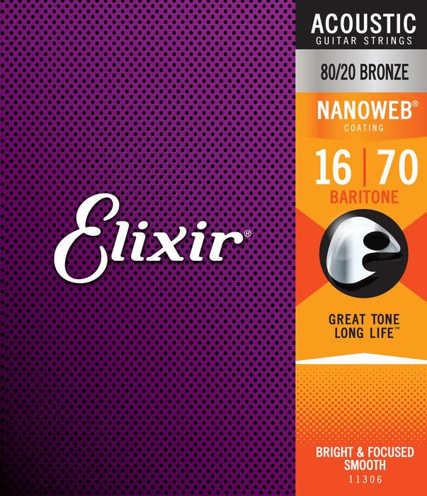 Elixir Nanoweb 80/20 Bronze 6-String Baritone Acoustic Guitar Strings 16-70