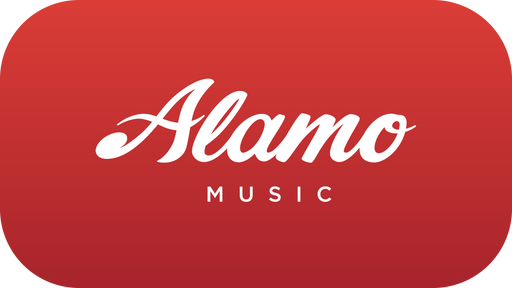 Alamo Music logo on a red background