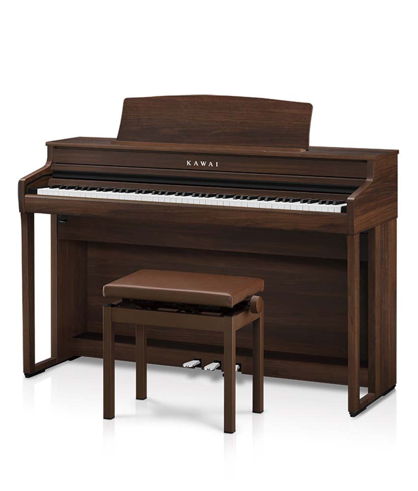 Kawai CA401 Digital Piano in Mocha Walnut color with a matching bench, featuring an 88-key wooden-key keyboard and a full-length pedal.