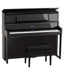 A glossy black digital upright piano with a matching black bench, shown from a three-quarter angle against a plain white background.