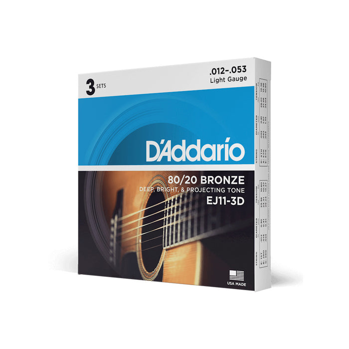 D'Addario EJ11 3 Pack 12-53 Light, 80/20 Bronze Acoustic Guitar String