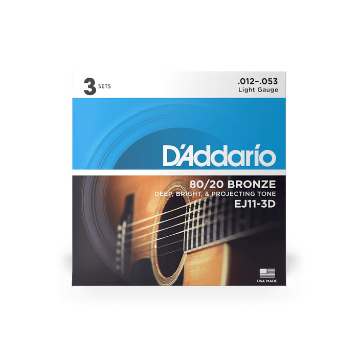 D'Addario EJ11 3 Pack 12-53 Light, 80/20 Bronze Acoustic Guitar String