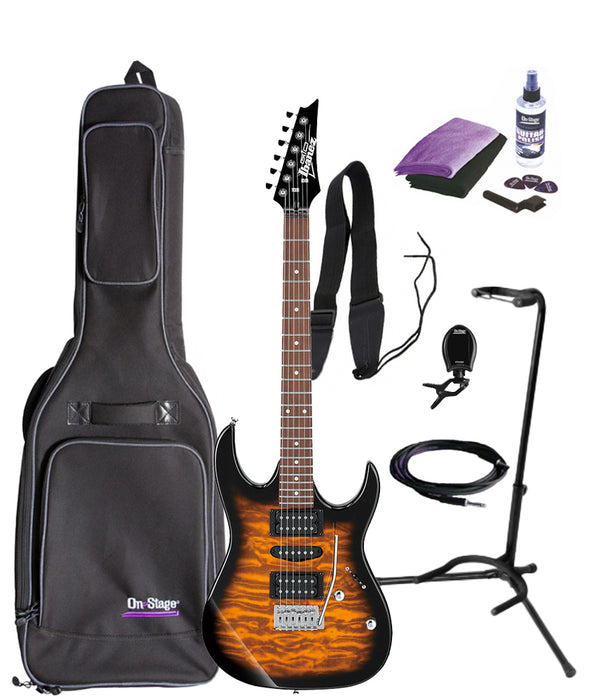 Ibanez GRX70QA GIO Electric Guitar Bundle - Sunburst Quilted Maple