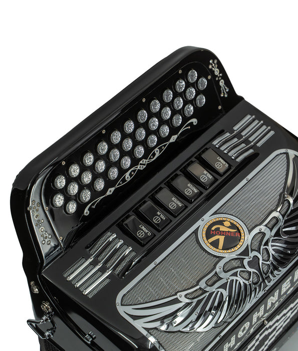 Hohner Anacleto Rey Aguila Two Tone Compact FBE/GCF Accordion - Black and Silver
