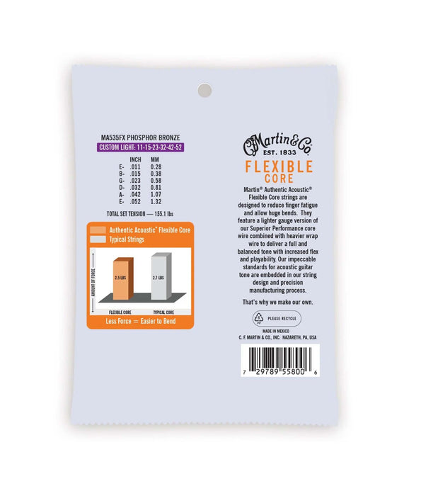 Martin MA535FX Flexible Core Phosphor Bronze Custom Light Acoustic Guitar Strings 11-52