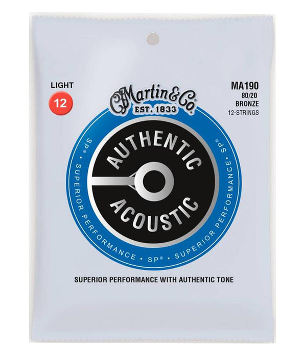 Martin MA190 12-String 80/20 Bronze Light 12-54 Authentic Acoustic Guitar Strings