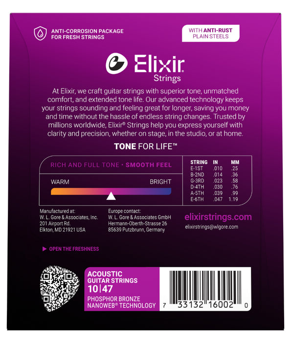 Elixir Nanoweb Phosphor Bronze Extra Light (010-.047) Acoustic Strings