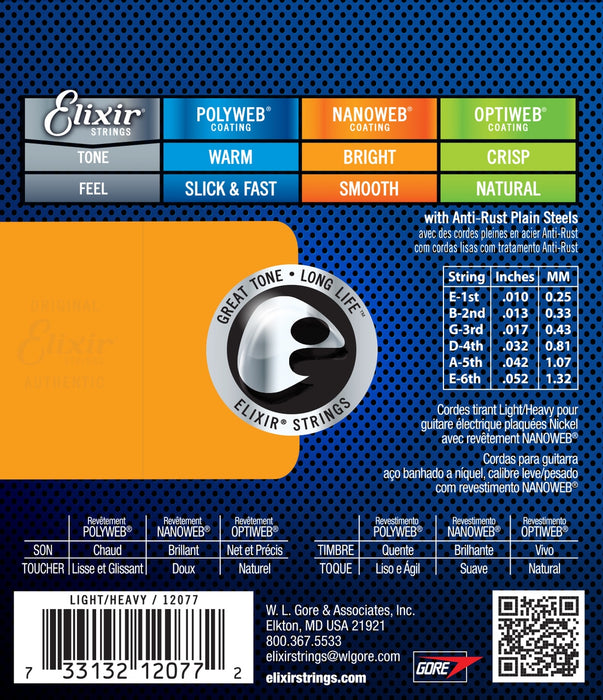Elixir 12077 Nanoweb Light Top Heavy Bottom Electric Guitar Strings 10-52