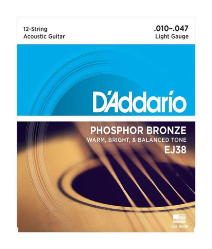 D'Addario EJ38 12-String Phosphor Bronze Guitar Strings, Light, 10-47