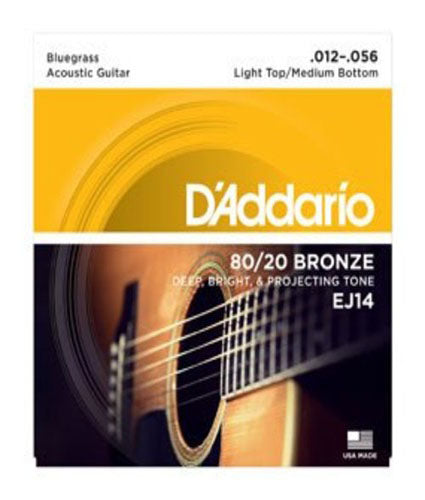 D'addario EJ14 80/20 Bronze Acoustic Guitar Strings, Light Top/Medium Bottom/Bluegrass, 12-56